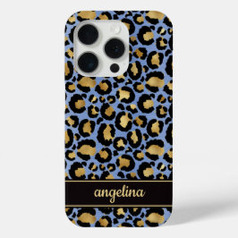Goud Folie Op Blauwe Luipaardprint Monogram iPhone 15 Pro Case