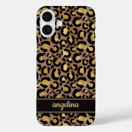 Goud Folie Op Bruine Luipaardprint Monogram iPhone 16 Plus Hoesje