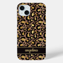 Goud Folie Op Bruine Luipaardprint Monogram iPhone 15 Mini Hoesje