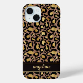 Goud Folie Op Bruine Luipaardprint Monogram iPhone 15 Case