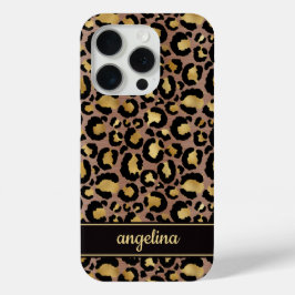 Goud Folie Op Bruine Luipaardprint Monogram iPhone 15 Pro Case