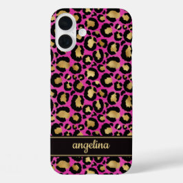 Goud Folie Op Heet Roze Luipaardprint Monogram iPhone 16 Plus Hoesje