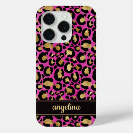 Goud Folie Op Heet Roze Luipaardprint Monogram iPhone 15 Pro Case