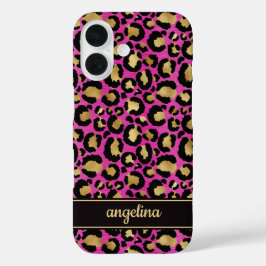 Goud Folie Op Heet Roze Luipaardprint Monogram iPhone 16 Hoesje