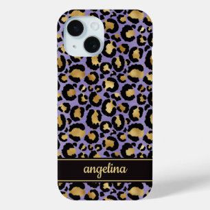 Goud Folie Op Paarse Luipaardprint Monogram iPhone 15 Case