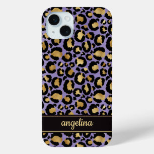 Goud Folie Op Paarse Luipaardprint Monogram iPhone 15 Mini Hoesje