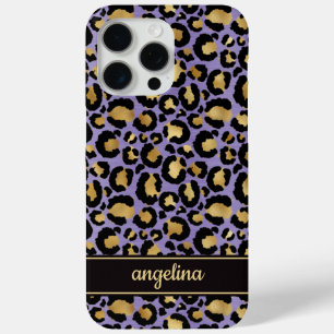 Goud Folie Op Paarse Luipaardprint Monogram iPhone 15 Pro Max Hoesje
