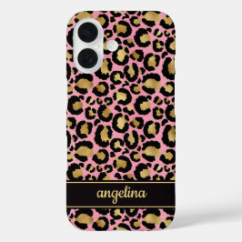 Goud Folie Op Roze Luipaardprint Monogram iPhone 16 Hoesje