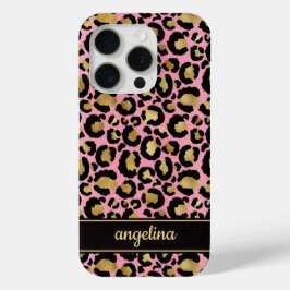 Goud Folie Op Roze Luipaardprint Monogram iPhone 15 Pro Case