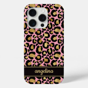 Goud Folie Op Roze Luipaardprint Monogram iPhone 15 Pro Case