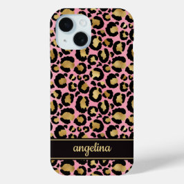 Goud Folie Op Roze Luipaardprint Monogram iPhone 15 Case