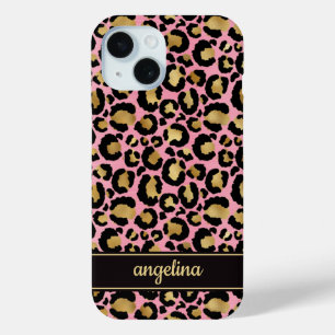 Goud Folie Op Roze Luipaardprint Monogram iPhone 15 Case