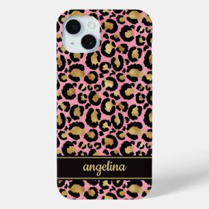 Goud Folie Op Roze Luipaardprint Monogram iPhone 15 Mini Hoesje