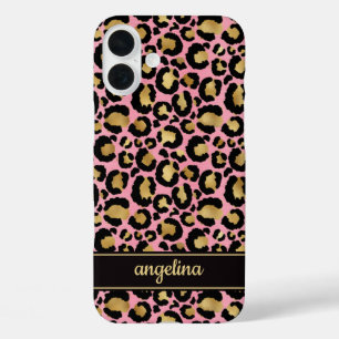 Goud Folie Op Roze Luipaardprint Monogram iPhone 16 Plus Hoesje