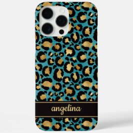 Goud Folie Op Teal Luipaardprint Monogram iPhone 16 Pro Max Hoesje