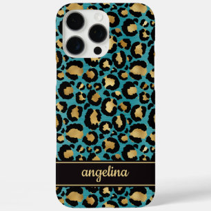 Goud Folie Op Teal Luipaardprint Monogram iPhone 16 Pro Max Hoesje