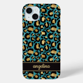 Goud Folie Op Teal Luipaardprint Monogram iPhone 15 Mini Hoesje