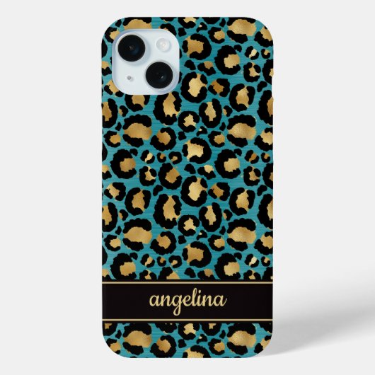 Goud Folie Op Teal Luipaardprint Monogram Case-Mate iPhone Case (Achterkant)