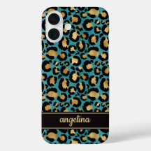 Goud Folie Op Teal Luipaardprint Monogram