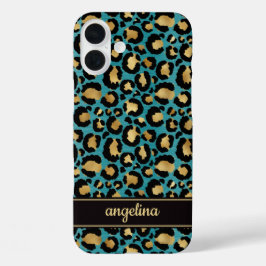 Goud Folie Op Teal Luipaardprint Monogram iPhone 16 Plus Hoesje