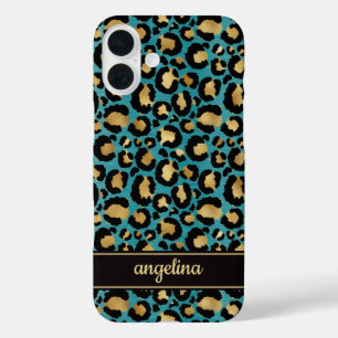 Goud Folie Op Teal Luipaardprint Monogram iPhone 16 Plus Hoesje