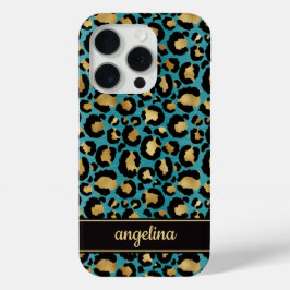 Goud Folie Op Teal Luipaardprint Monogram iPhone 15 Pro Case