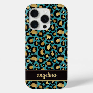 Goud Folie Op Teal Luipaardprint Monogram iPhone 15 Pro Case