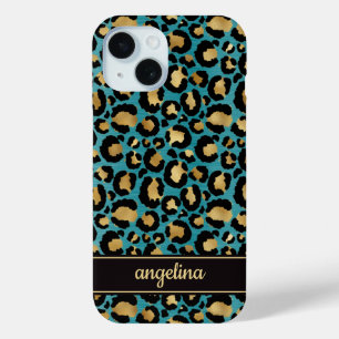 Goud Folie Op Teal Luipaardprint Monogram iPhone 15 Case