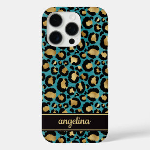 Goud Folie Op Teal Luipaardprint Monogram iPhone 16 Pro Hoesje