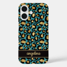 Goud Folie Op Teal Luipaardprint Monogram