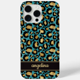 Goud Folie Op Teal Luipaardprint Monogram iPhone 15 Pro Max Hoesje