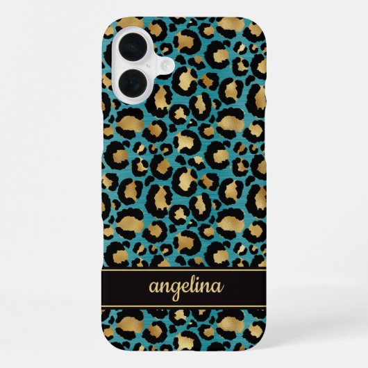 Goud Folie Op Teal Luipaardprint Monogram iPhone Hoesje (Achterkant)