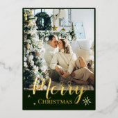 Goud Folie Prettig Kerst Script Groene Foto Feestdagenkaart (Voorkant)