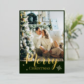 Goud Folie Prettig Kerst Script Groene Foto Feestdagenkaart (Staand Voorkant)