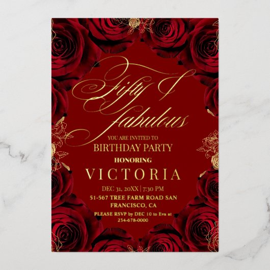 Goud Folie & Rode Roos 50e & fantastische Verjaard Folie Uitnodiging (Voorkant)