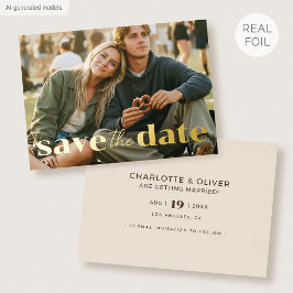 Goud Folie Save the Date Huwelijk Modern Foto Crèm Uitnodiging