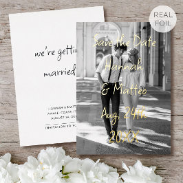 Goud Folie Save the Date Huwelijksfoto Chic Script Uitnodiging