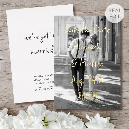 Goud Folie Save the Date Huwelijksfoto Chic Script Uitnodiging