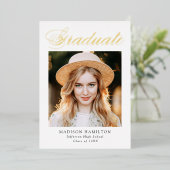 Goud Folie Script Foto Afstudeeraankondiging Uitnodiging (Staand Voorkant)