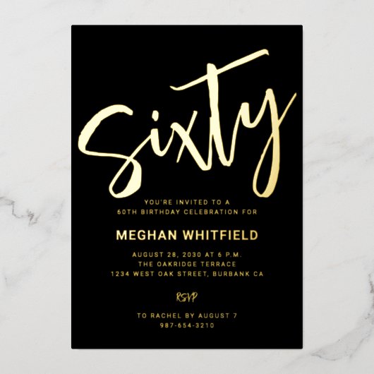 Goud Folie Sixty Script Zwart 60ste Verjaardagsfee Uitnodiging (Voorkant)