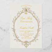 goud folie tekst eerste communie beige frame uitnodiging (Voorkant)