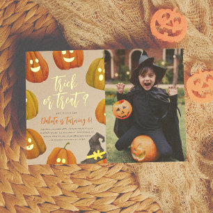 Goud Folie Trick or Treat Pompoen Foto Verjaardag Uitnodiging