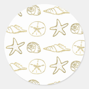 Goud Folie Uitzicht Zee Schelpen Chic Strand Elega Ronde Sticker