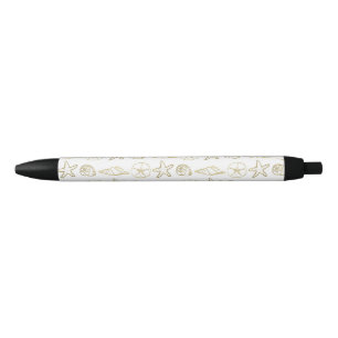 Goud Folie Uitzicht Zee Schelpen Chic Strand Elega Zwarte Inkt Pen