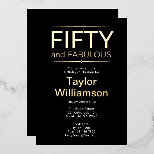 Goud Folie Vijftig en Fantastisch op Zwarte Witte Folie Uitnodiging (Voorkant / Achterkant)