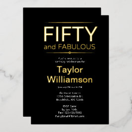 Goud Folie Vijftig en Fantastisch op Zwarte Witte  Uitnodiging