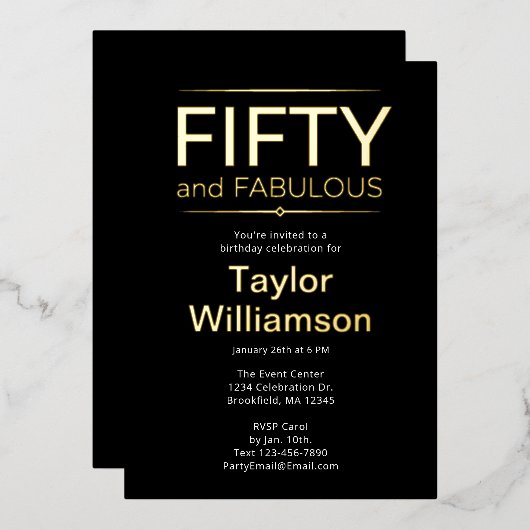 Goud Folie Vijftig en Fantastisch op Zwarte Witte  Uitnodiging (Voorkant / Achterkant)