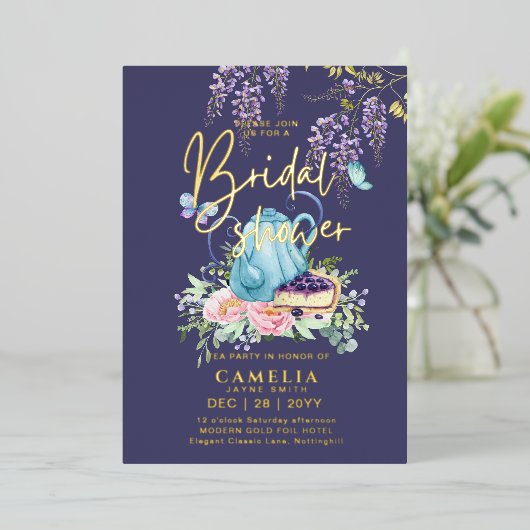 Goud Folie Wisteria THEE PARTY BRUILOFT QR Code Folie Uitnodiging (Staand Voorkant)