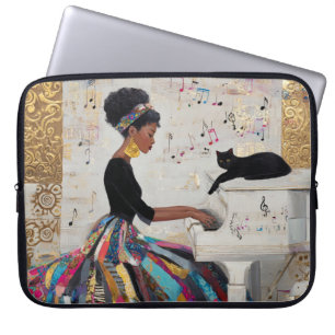 Goud Folie Zwarte Dame Pianiste en Kat Laptop Sleeve