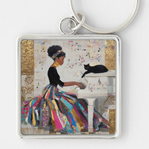 Goud Folie Zwarte Dame Pianiste en Kat Sleutelhanger